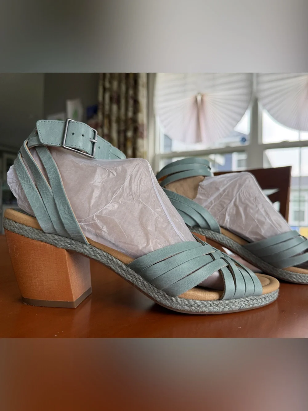 Lucky Brand Leather Noxa Strappy Block Heel Sandals Blue Gray Women’s Sz 8.5